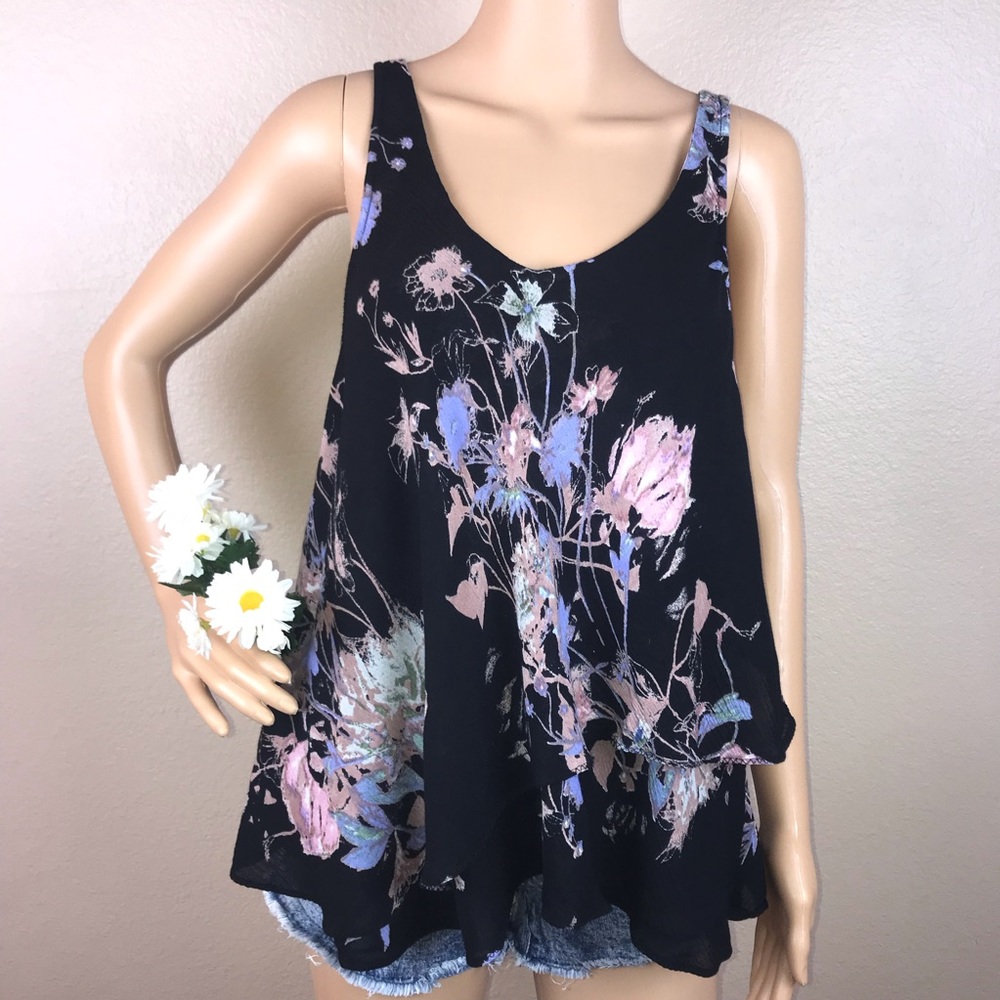 Free People Black Floral Tank Top Tunic - Picture 2 of 8